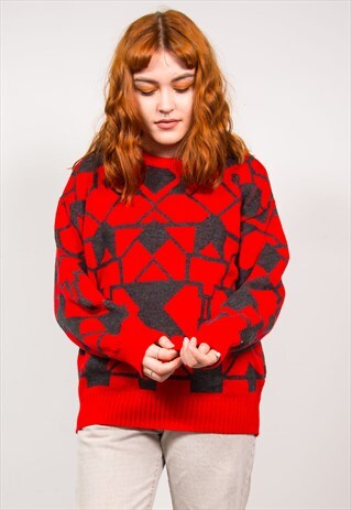VINTAGE 90'S RED & GREY ABSTRACT PATTERN KNIT JUMPER