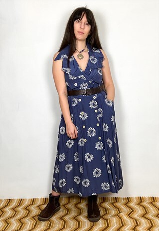 VINTAGE 90'S DAISY PRINT NAVY BLUE MIDI DRESS