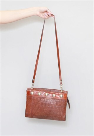 VINTAGE 1980'S BROWN WOVEN TEXTURE LEATHER SHOULDER BAG