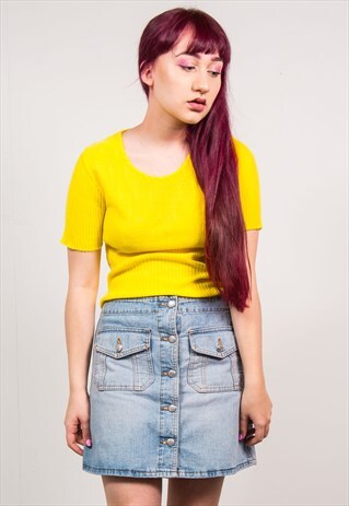 VINTAGE 70'S NEON YELLOW KNIT RIBBED SHORT SLEEVE TOP