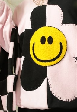 Y2K 90s Pink Black Half & Half Smiley Face Sweatshirt 