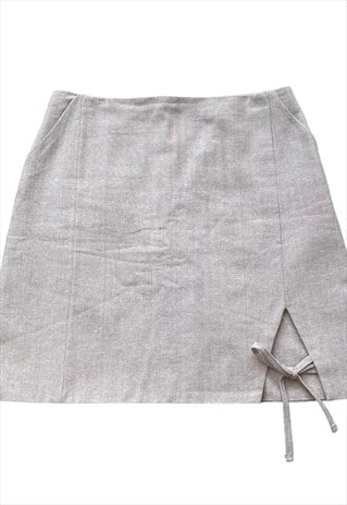 Linen High Waisted Mini Skirt Slit Bow Coquette Beige