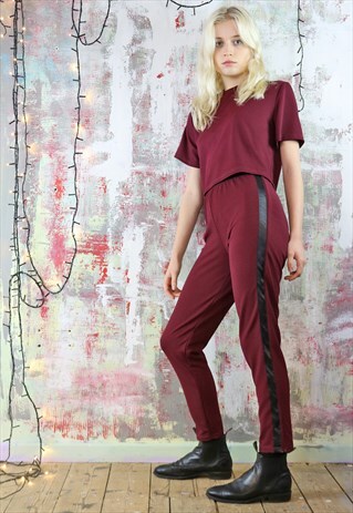 TROUSERS AND TOP CO-ORDINATES IN MAROON WITH BLACK STRIPE