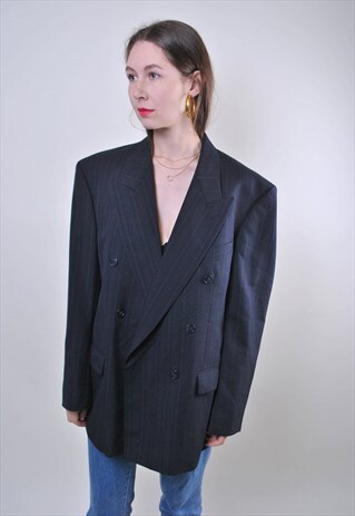 80S BLACK STRIPED OVERSIZE WOMEN WOOL BLAZER