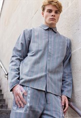 Grey Retro Striped Premium Wool Fabric shirt jacket Y2k