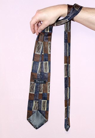 MEN'S VINTAGE 80S PURE SILK BROWN AND BLUE GEOMETRIC TIE