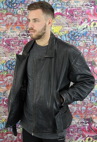 VINTAGE 80'S LEATHER BLACK UNISEX BIKER JACKET. GRUNGE