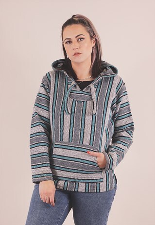 VINTAGE GREY STRIPE BAJA KNITTED HOODIE HIPPY /A7016