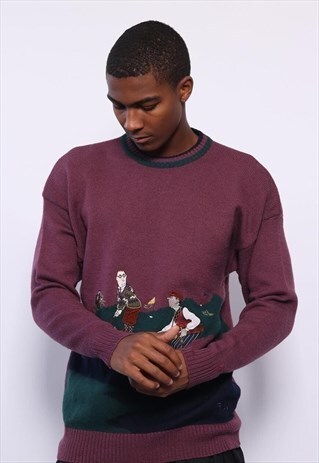 VINTAGE FILA EMBROIDED GOLF KNIT JUMPER RED GREEN BLACK