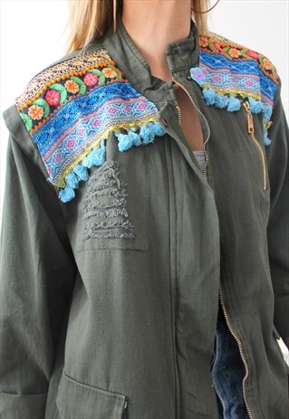 VINTAGE KHAKI JACKET MILITARY ETHNIC EMBROIDERY