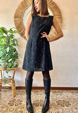 1990's vintage black with delicate white floral print shift 