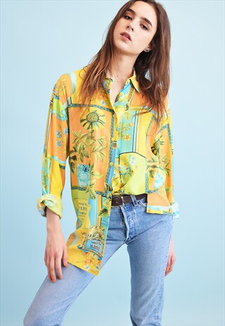 90'S RETRO FLORAL PRINT OVERSIZED SHIRT TOP