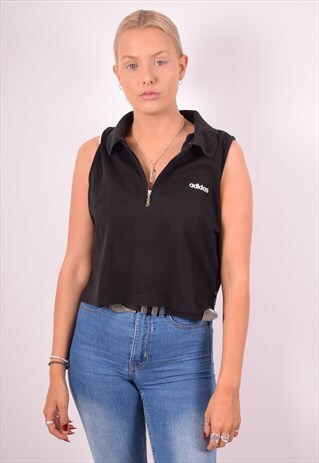 ADIDAS WOMENS VINTAGE CROP POLO SHIRT XL BLACK 90S