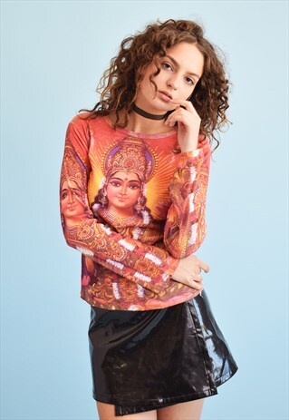 90'S RETRO KITSCH ORIENTAL PRINT TEEN PARTY TOP BLOUSE