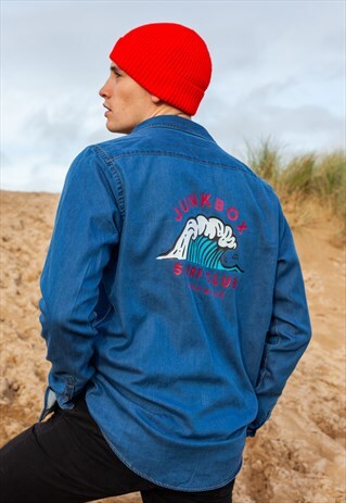 OVERSIZED BLUE DENIM SHIRT SURF CLUB COLOUR GRAPHIC PRINT