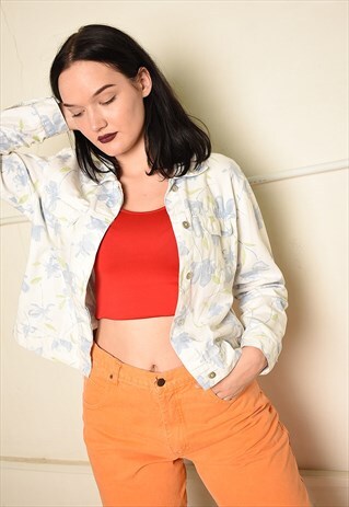 VINTAGE 90S RETRO NEUTRAL PASTEL DENIM FLORAL PRINT JACKET