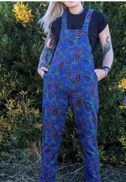 Blue paisley stretchy twill retro style dungarees 