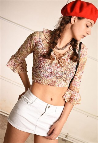 Y2K RETRO KITSCH FLORAL PRINT SHEER MESH TOP BLOUSE