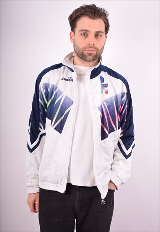 DIADORA MENS VINTAGE TRACKSUIT TOP JACKET LARGE WHITE 90S