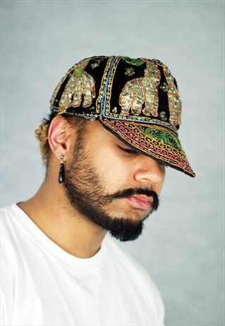 VINTAGE BURMESE SEQUIN ELEPHANT EMBROIDERY CAP