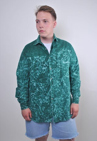 70S GREEN ABSTRACT PRINT RAVE SHIRT, SIZE L