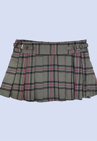 90S GREY PINK BLUE TARTAN CHECK PLEATED MINI COLLEGE SKIRT