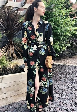 Floral print Maxi dress Oversize relaxed fit cardigan black