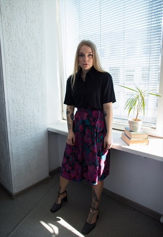 VINTAGE 80S MULTICOLOUR FLOWER PRINT MIDI HIGH WAISTED SKIRT