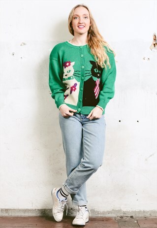 VINTAGE 80S CAT LADY CARDIGAN SWEATER
