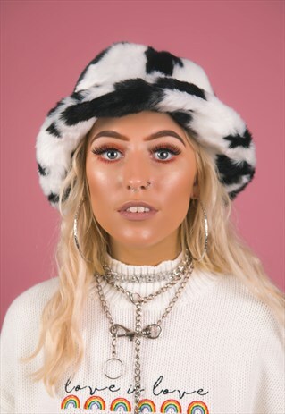 RETRO FLUFFY COW PRINT HAT