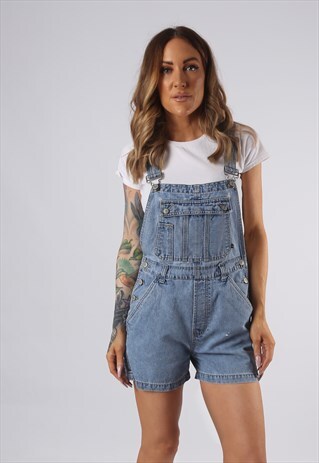 VINTAGE DENIM DUNGAREE SHORTS NO BOUNDARIES UK 8 XS (JEDB)