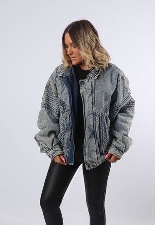 DENIM BOMBER JACKET ACID WASH FITTED OVERSIZED UK 14 (FMTF)