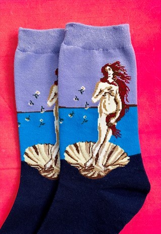 VINTAGE INSPIRED SOCKS WITH MERMAID PRINT IN PURPLE AND BLUE