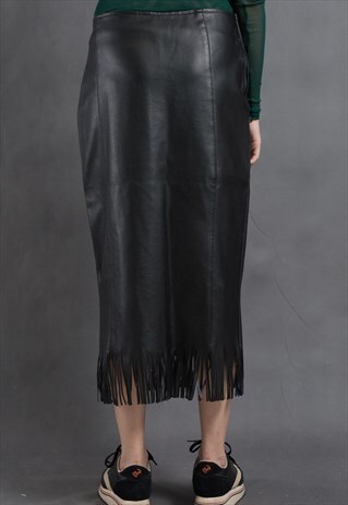 CALF LENGTH BLACK FAUX LEATHER SKIRT