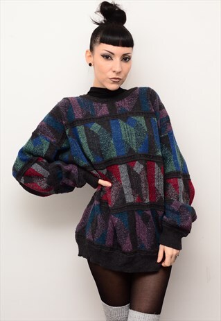 VINTAGE 90'S GRUNGE INDIE PATTERNED CHUNKY SLOUCHY JUMPER