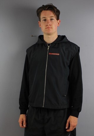 VINTAGE PRADA HOODED GILET JACKET IN NAVY WITH RUBBER PATCH
