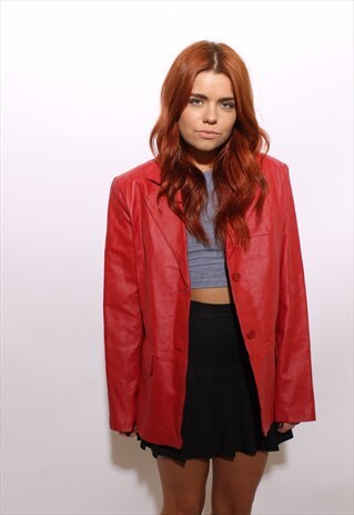 VINTAGE 1980'S 80'S CHERRY RED LEATHER BLAZER JACKET M-L