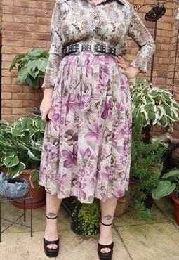 Vintage 80s Grey Cottage Floral Flower Festival Midi Skirt
