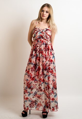 BIG FLORAL PRINT CHIFFON PLEATED BUST MAXI DRESS WEDDING