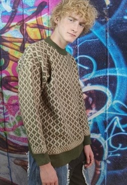 Geometric sweater 90s retro diamond jumper in khaki green