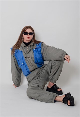 VINTAGE 80S HIGH NECK GREY AND BLUE FULL SKI SNOW SUIT EU40