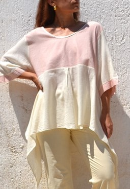 Cream/red striped organic cotton asymmetrical tunic top