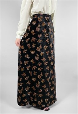 Vera Mont of Paris Velvet Black Maxi Skirt Brown Floral 