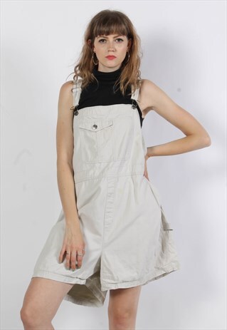 VINTAGE 90'S DENIM SHORT DUNGAREES BEIGE