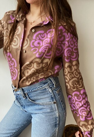 VINTAGE 60S PARISIAN MOD HANDMADE FLORAL BLOUSE SHIRT BOHO