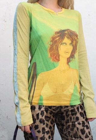 VINTAGE Y2K 90S YELLOW & GREEN LONG SLEEVED HOT LADY TOP