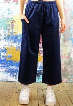 Navy Corduroy Cropped Cargo Trousers  with Patch Pockets