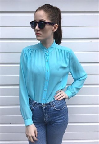 WOMENS VINTAGE 80S BLOUSE BUTTON UP TOP LIGHT BLUE SHIRT