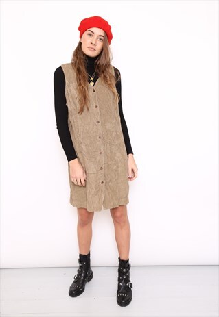 VINTAGE 90S BROWN CORD CORDUROY PINAFORE DRESS