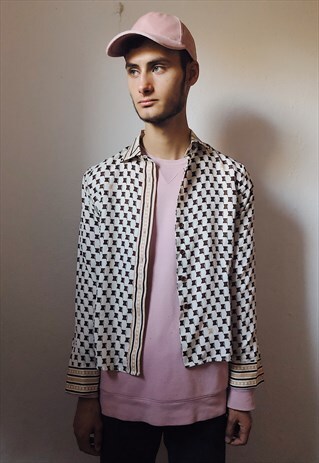 VINTAGE 60S INSPIRED GEOMETRIC PATTERNED BROWN/WHITE SHIRT